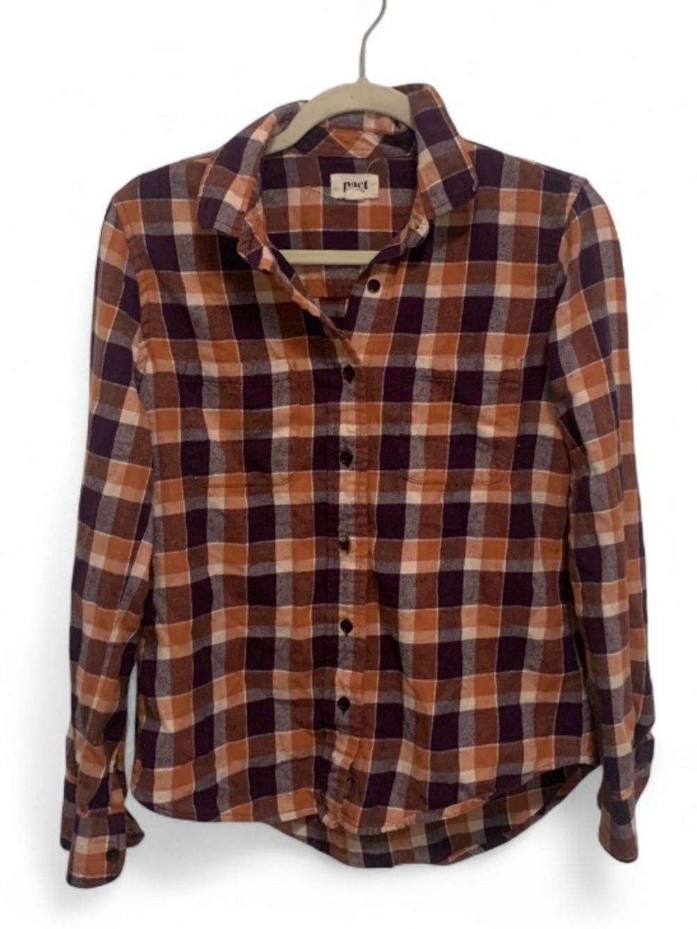 Pact Orange Purple Plaid Button-Up Long Sleeve Shirt